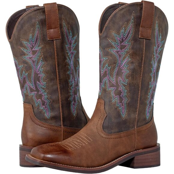 SheSole Womens Dark Brown Wide Calf Square Toe Western Fashion Cowgirl Boots - Picture 8 of 9